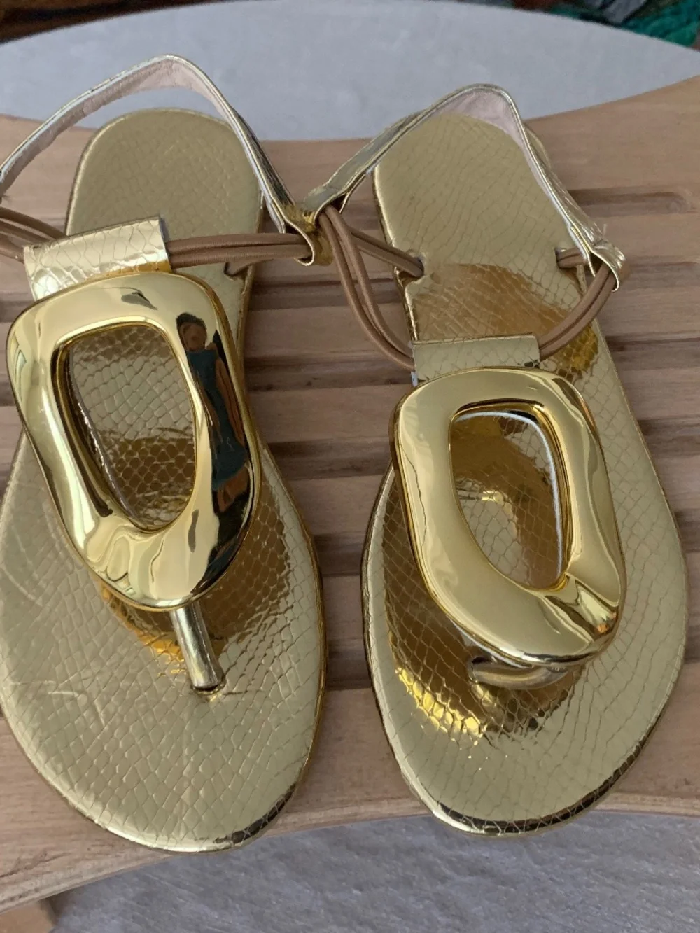 Gold Metallic Slingback Thong Sandals Size 37 Statement Ornament Flats
